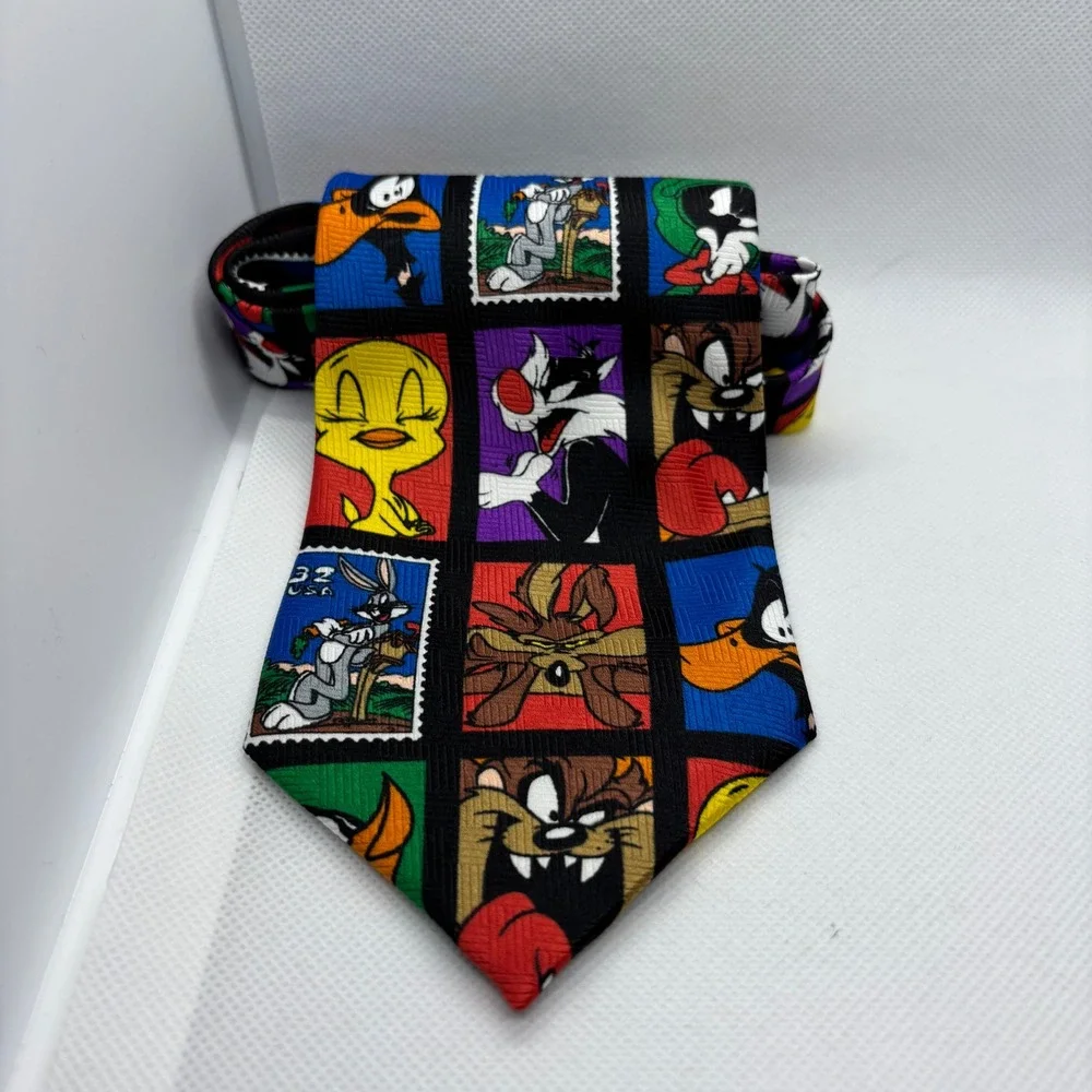 Looney Tunes Necktie Mens 90s Stamp Collection Bugs Tweety Taz Cartooncore Retro